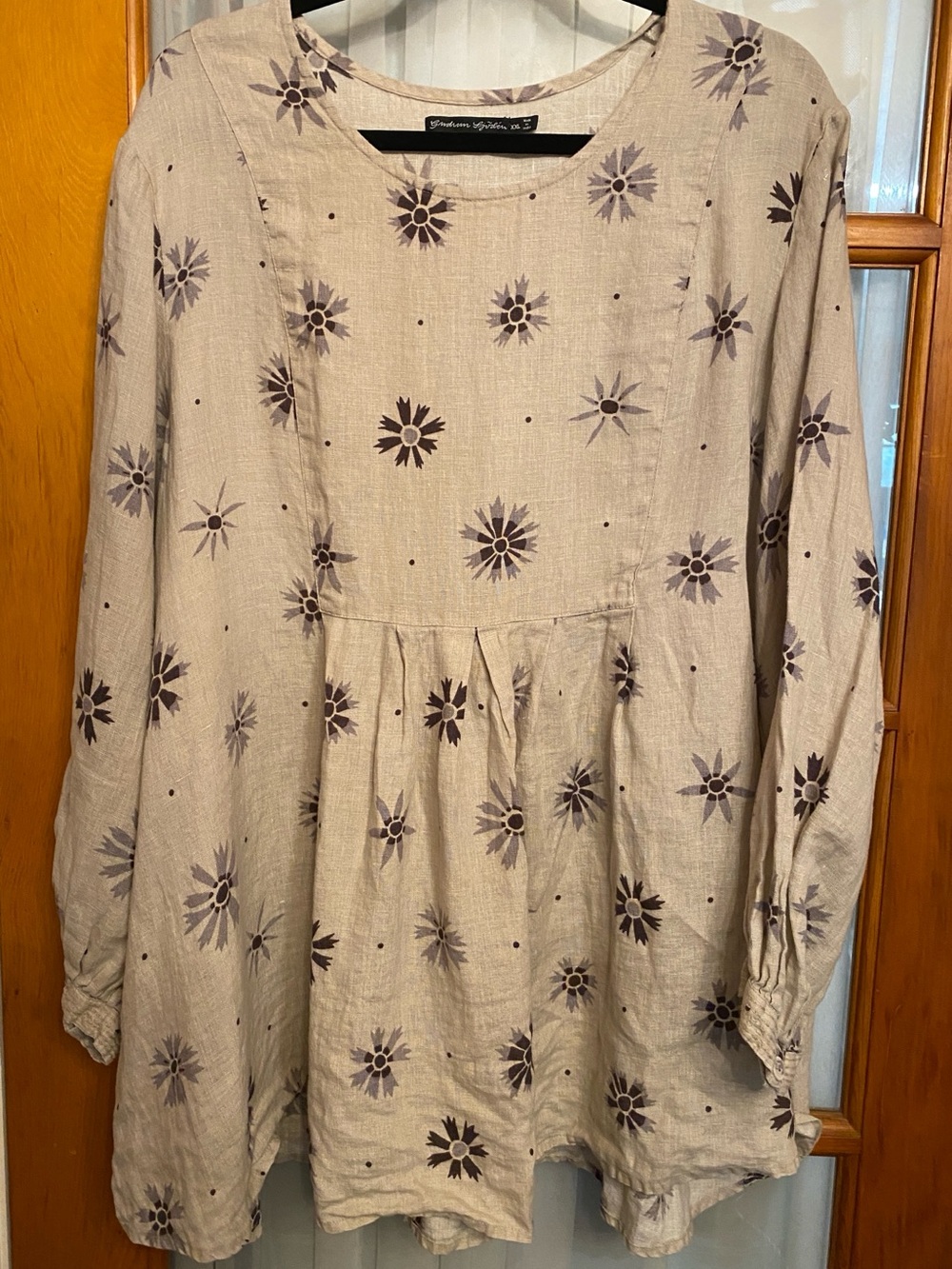 Gudrun Sjoden Beige Linen Long-Sleeve Floral Tunic Dress. Size XL